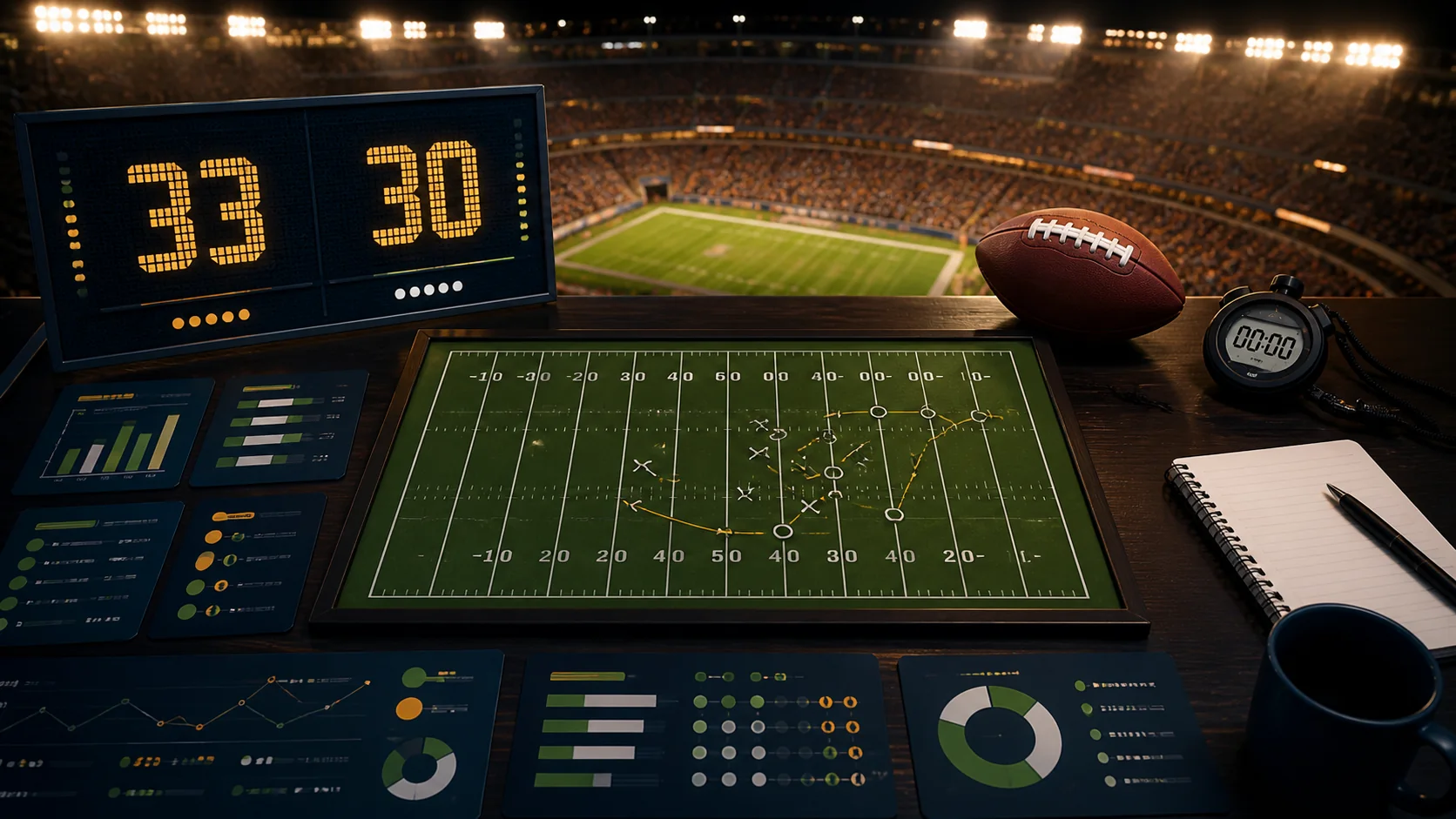 Editorial illustration of an American football stadium scoreboard and an analytical stat sheet after a 33-30 night game