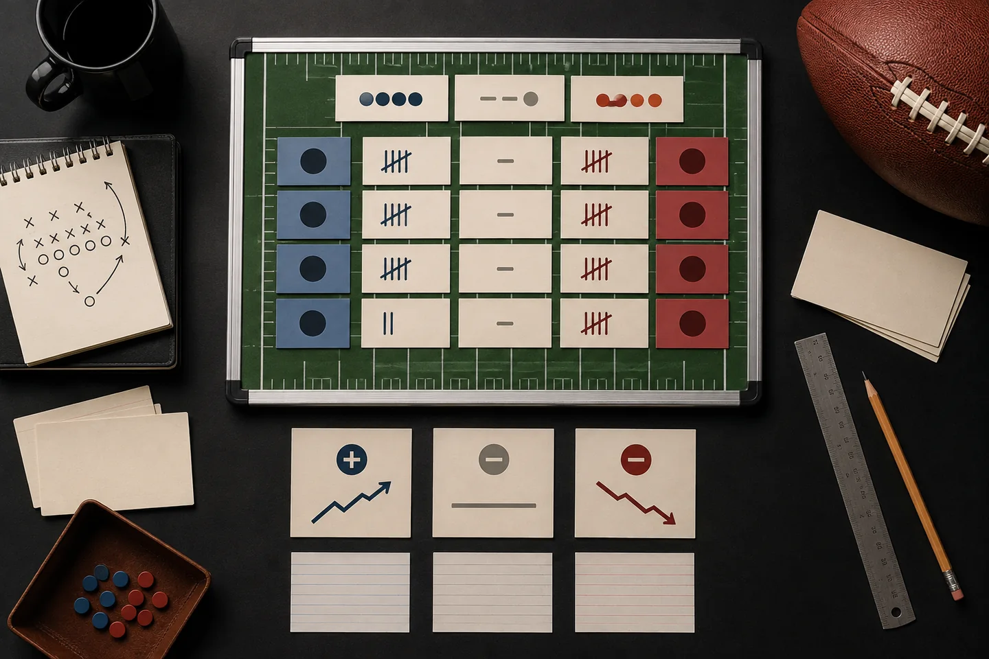 Football analyst reviewing preseason records and point differentials on a matchup board