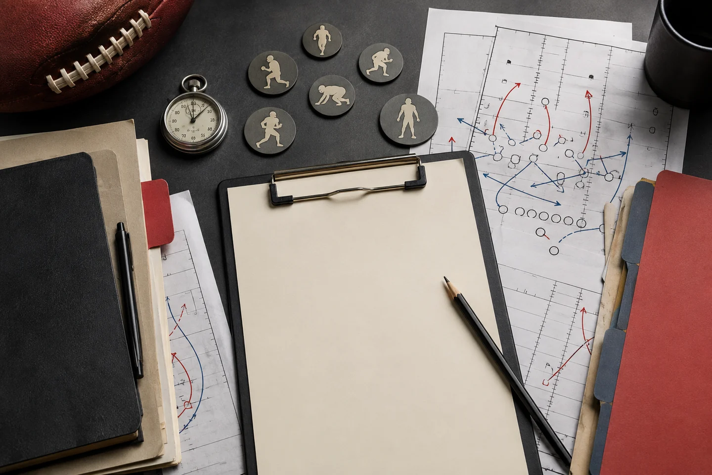 Football film-room desk arranged to compare Week 1 player auditions and follow-up questions