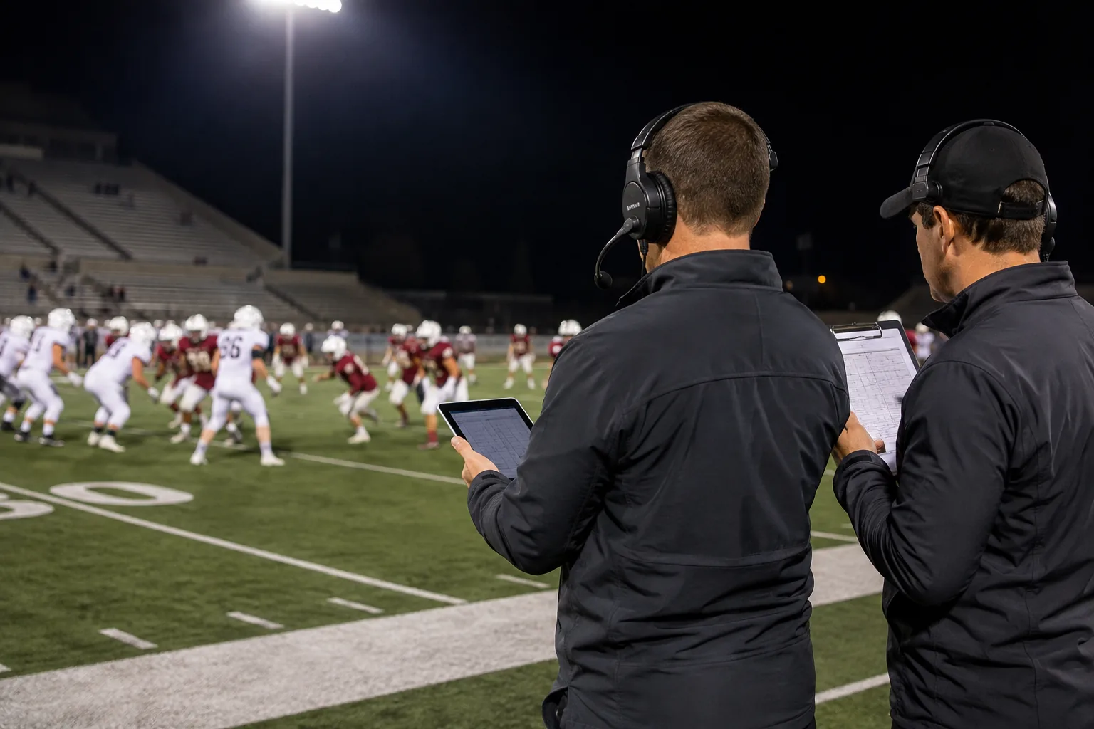 Coaches evaluating reserve football players during a preseason night game