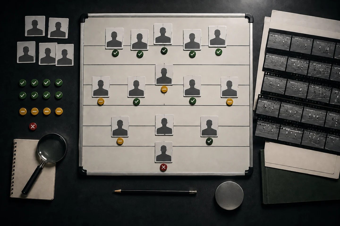 Football roster evaluation board with generic depth-chart cards and film notes