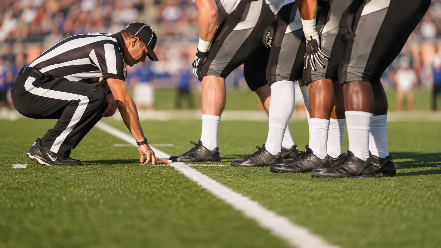 Officials checking receiving-team alignment before a 2026 NFL kickoff
