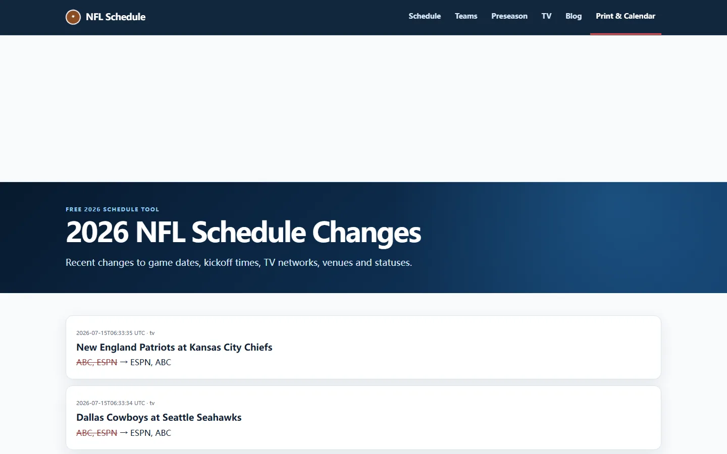 NFL-Schedule.com page showing dated changes to 2026 NFL game details