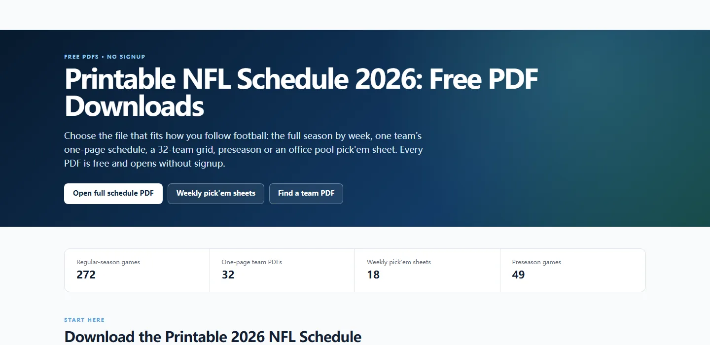 Printable 2026 NFL schedule download options by week and team
