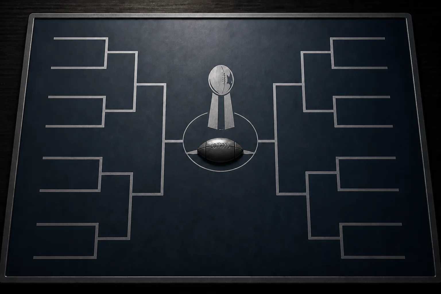 Neutral football playoff paths from two conferences converging on a championship trophy