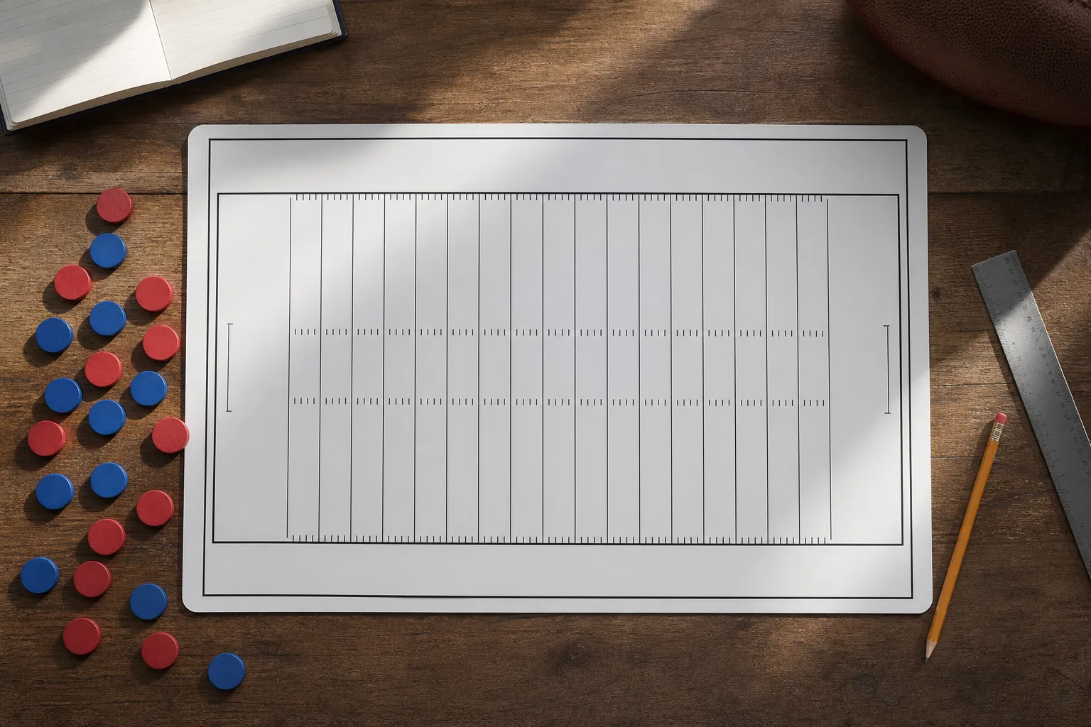 Blank football field strategy board with red and blue analysis tokens