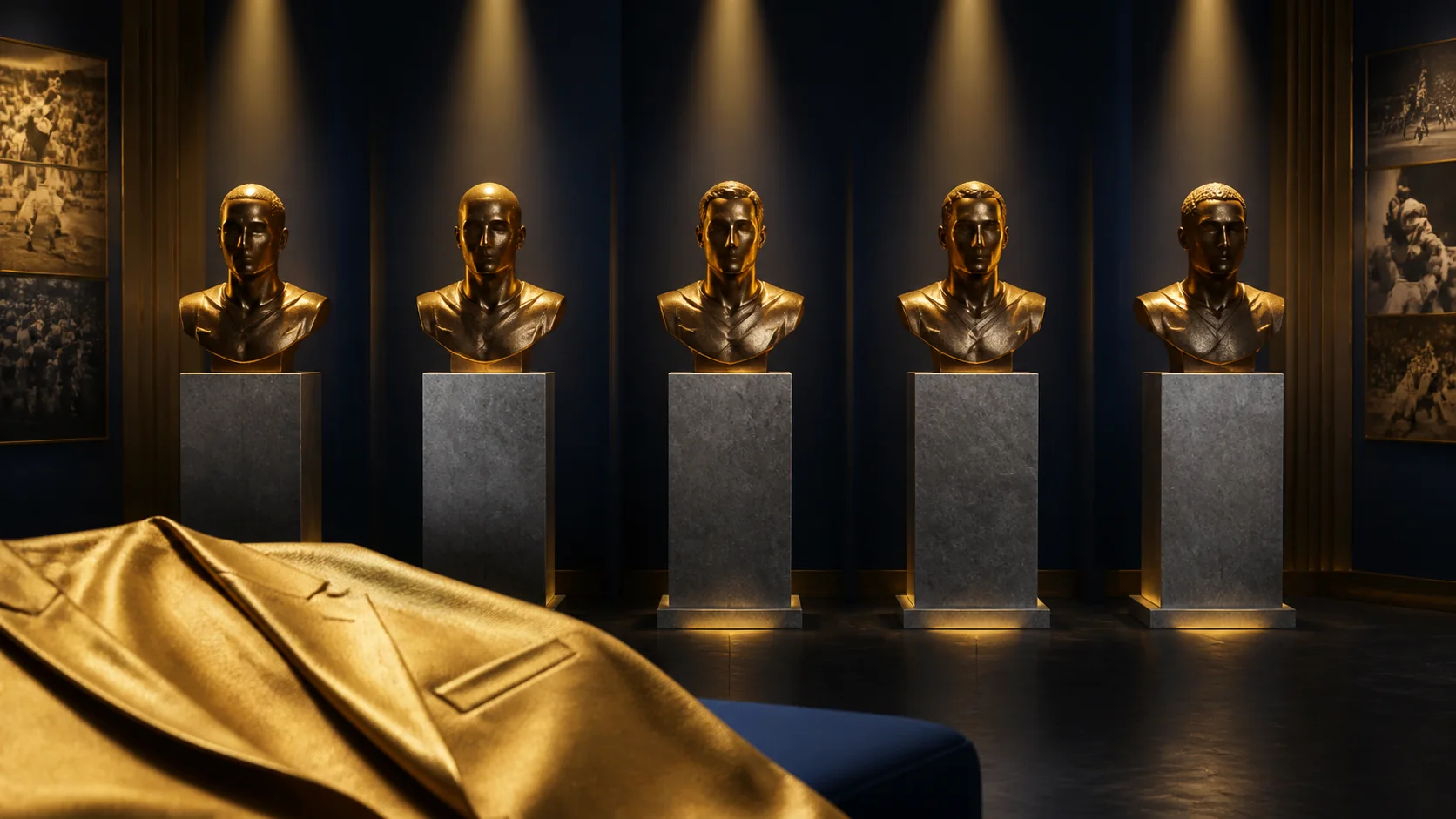 Editorial illustration of five gold jackets and bronze bust silhouettes representing the 2026 Pro Football Hall of Fame class