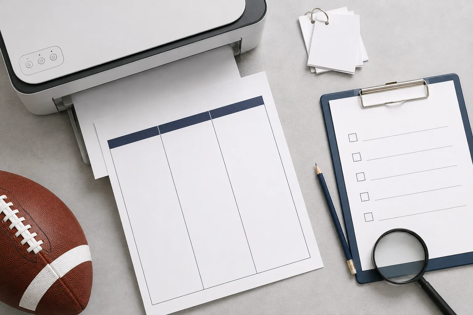 Blank football preseason planning sheet beside a printer and verification checklist