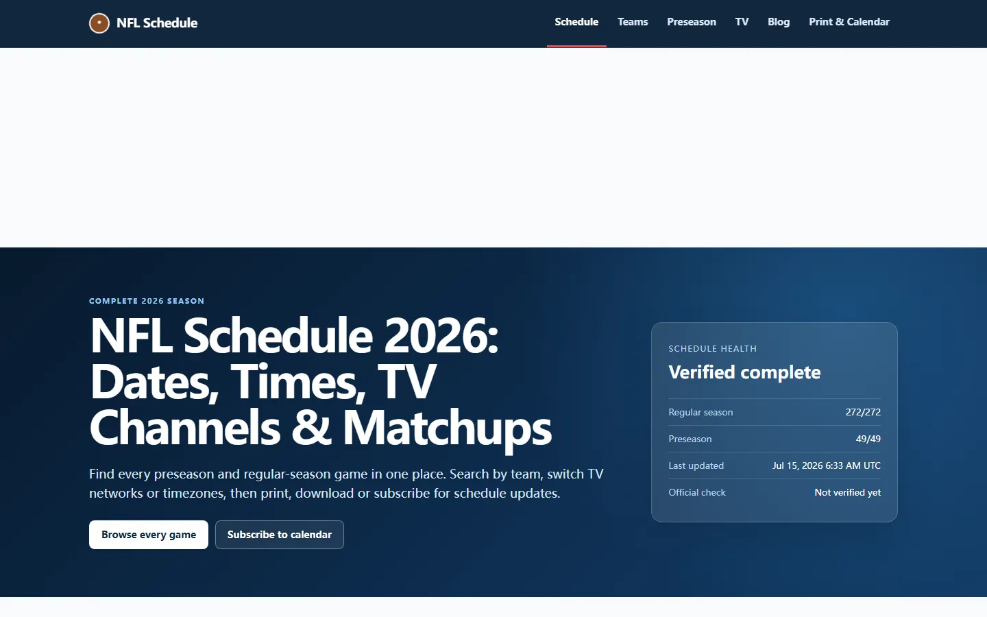 Published NFL schedule page showing week, date, matchup, time and television fields