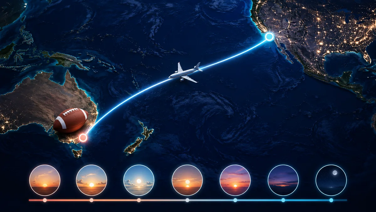 Editorial illustration of trans-Pacific NFL travel from California to Melbourne followed by a recovery timeline