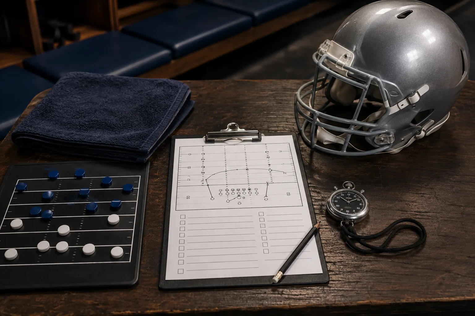 Football helmet, roster clipboard and evaluation notes in navy and silver colors