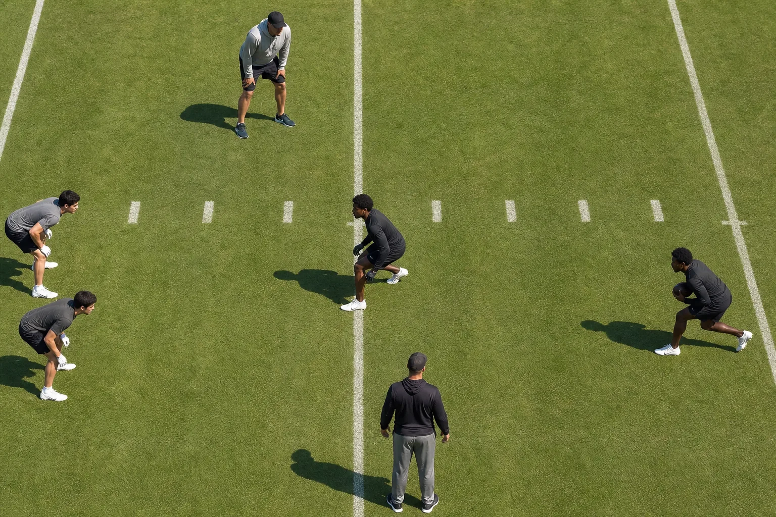 Anonymous hybrid football players working through an unbranded formation drill