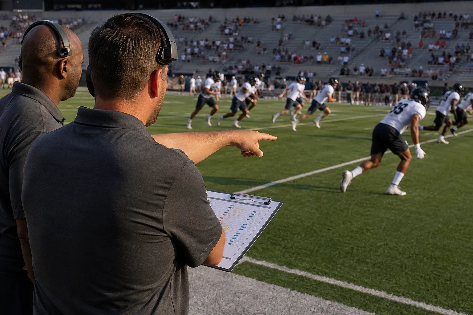Football coaches evaluating reserve players during a preseason sideline drill