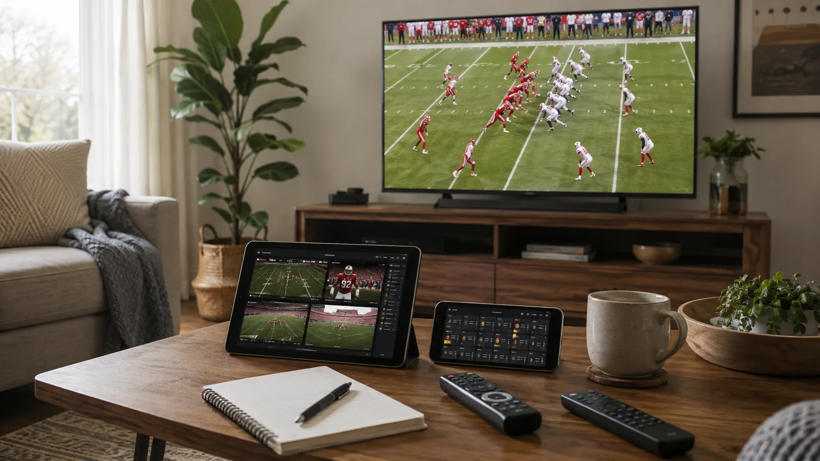 Football programming displayed across a television, tablet and phone