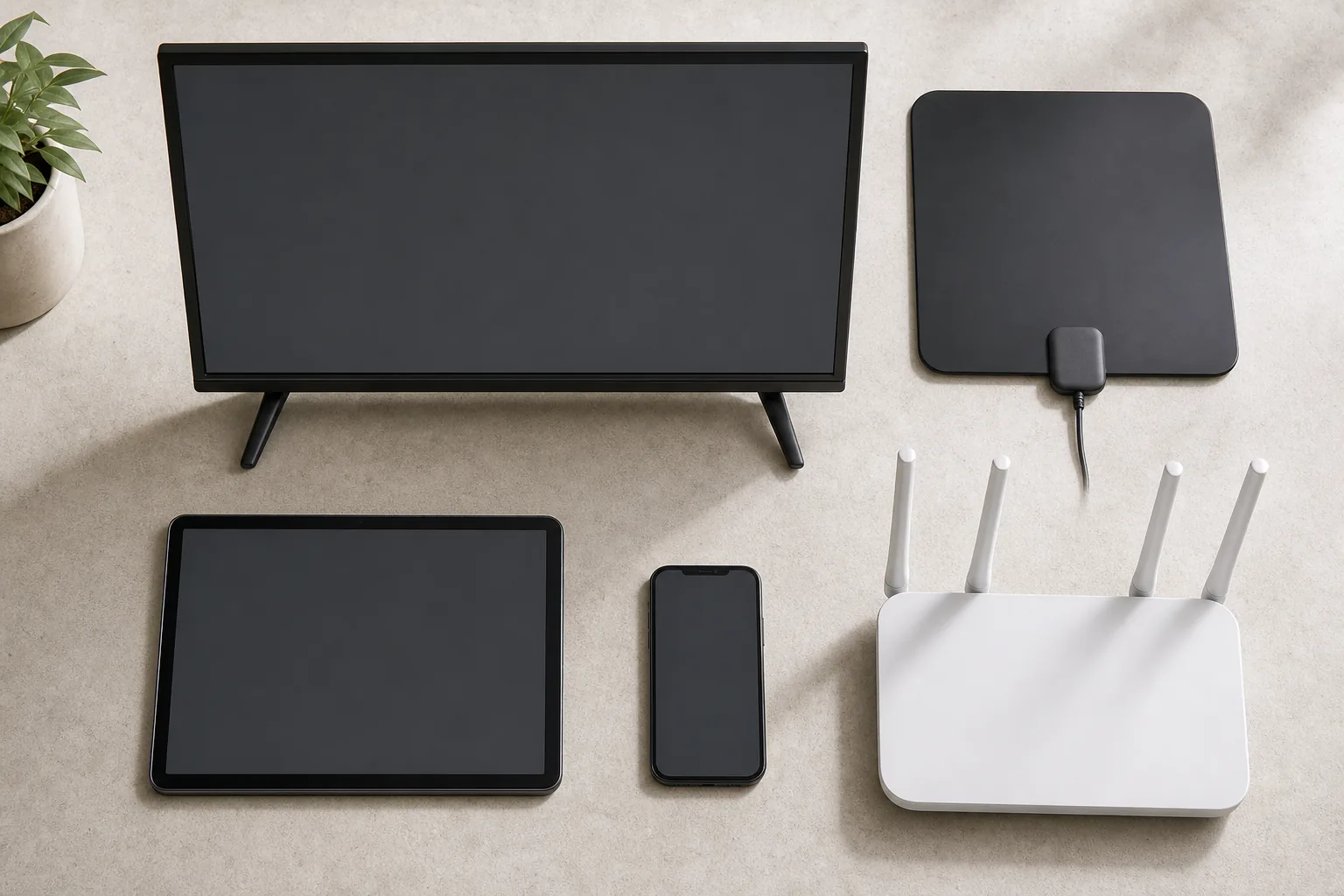 Generic television, tablet, phone, router and indoor antenna arranged for streaming planning