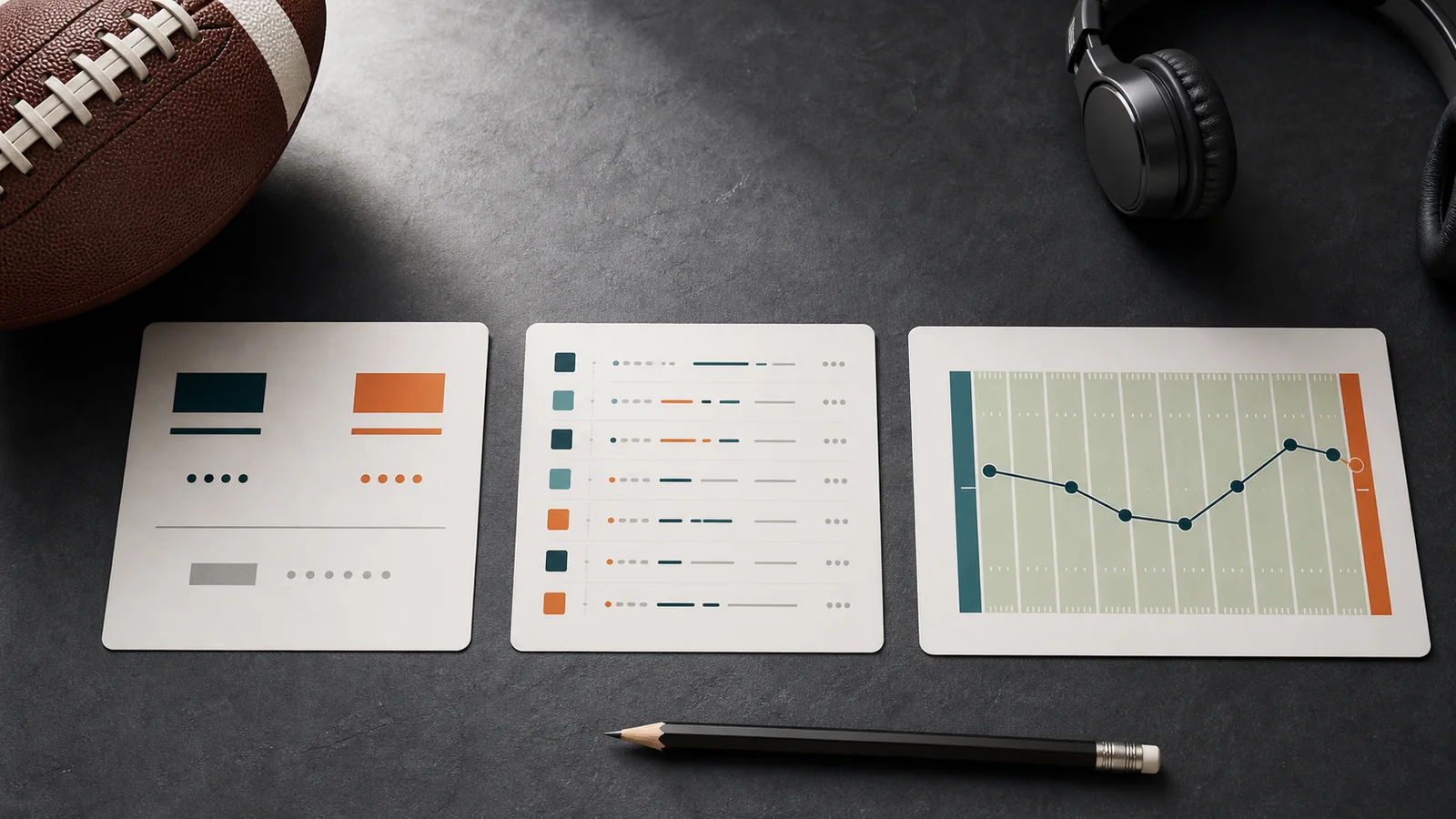 Illustration of a football score tracker, drive chart, and highlight workflow on a desk