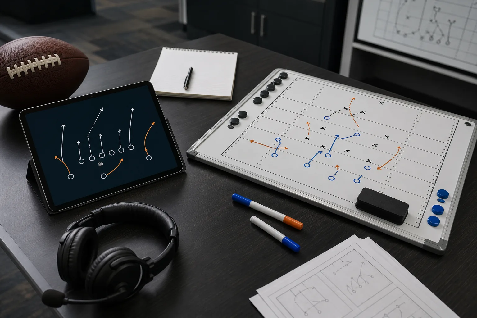 Generic football coaches studying pass protection and pass rush on a film board