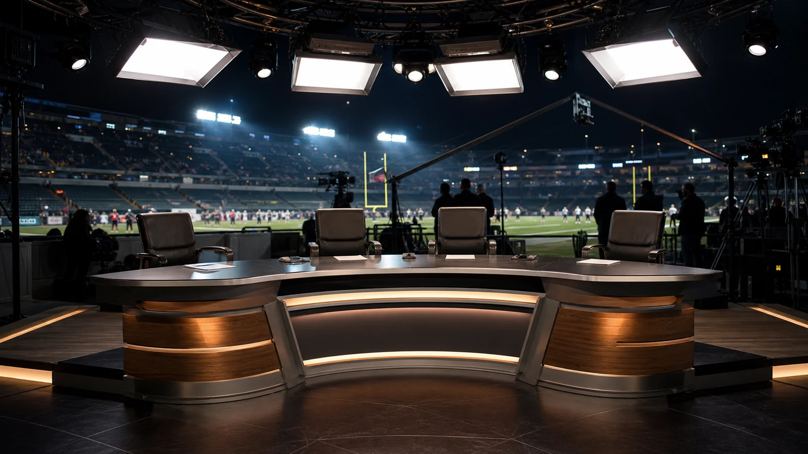 Original unbranded football broadcast studio workflow with empty analyst chairs and control monitors