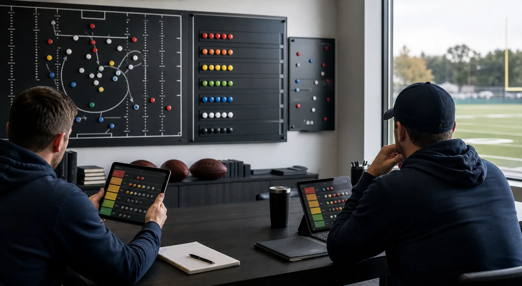 Generic football analysts comparing team tiers on tablets in a film room
