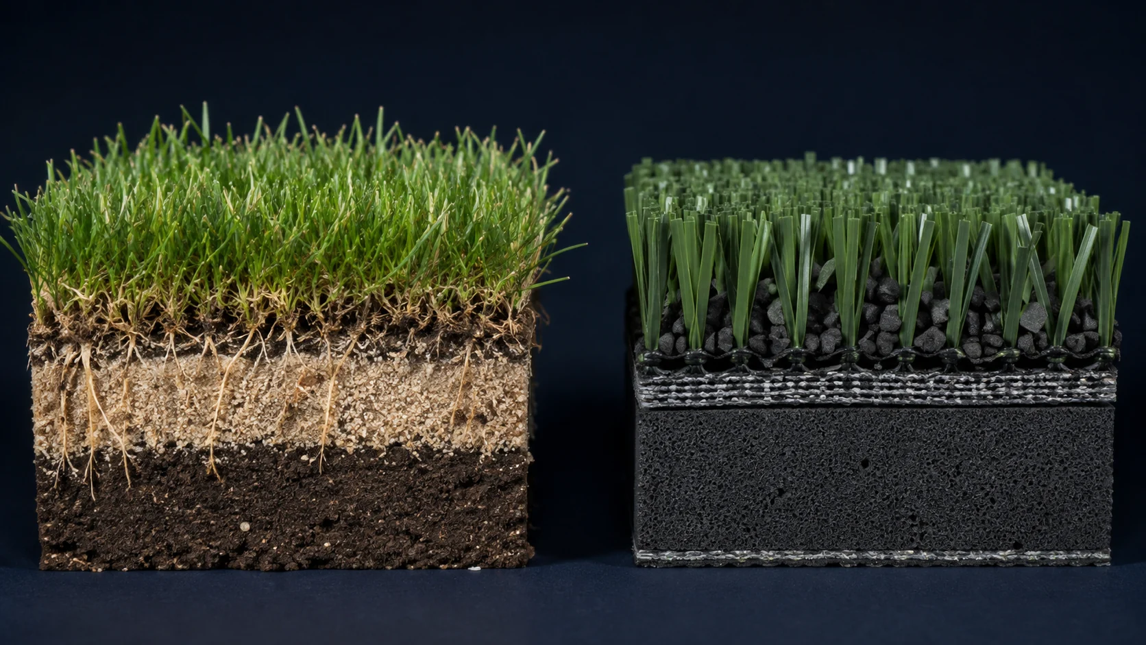 Close comparison of natural grass roots and synthetic football turf fibers with infill
