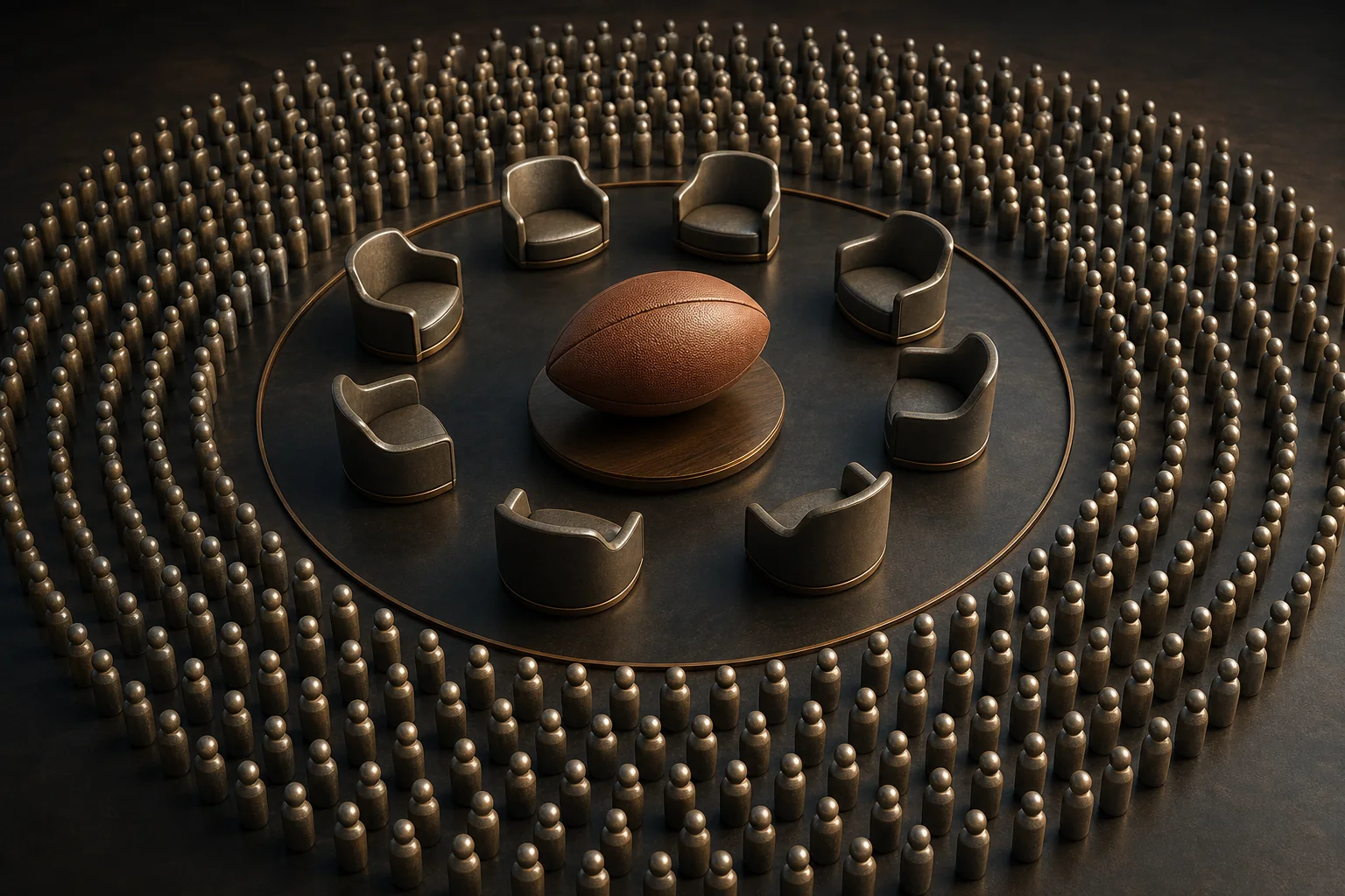 Conceptual community ownership scene with many neutral tokens surrounding a football