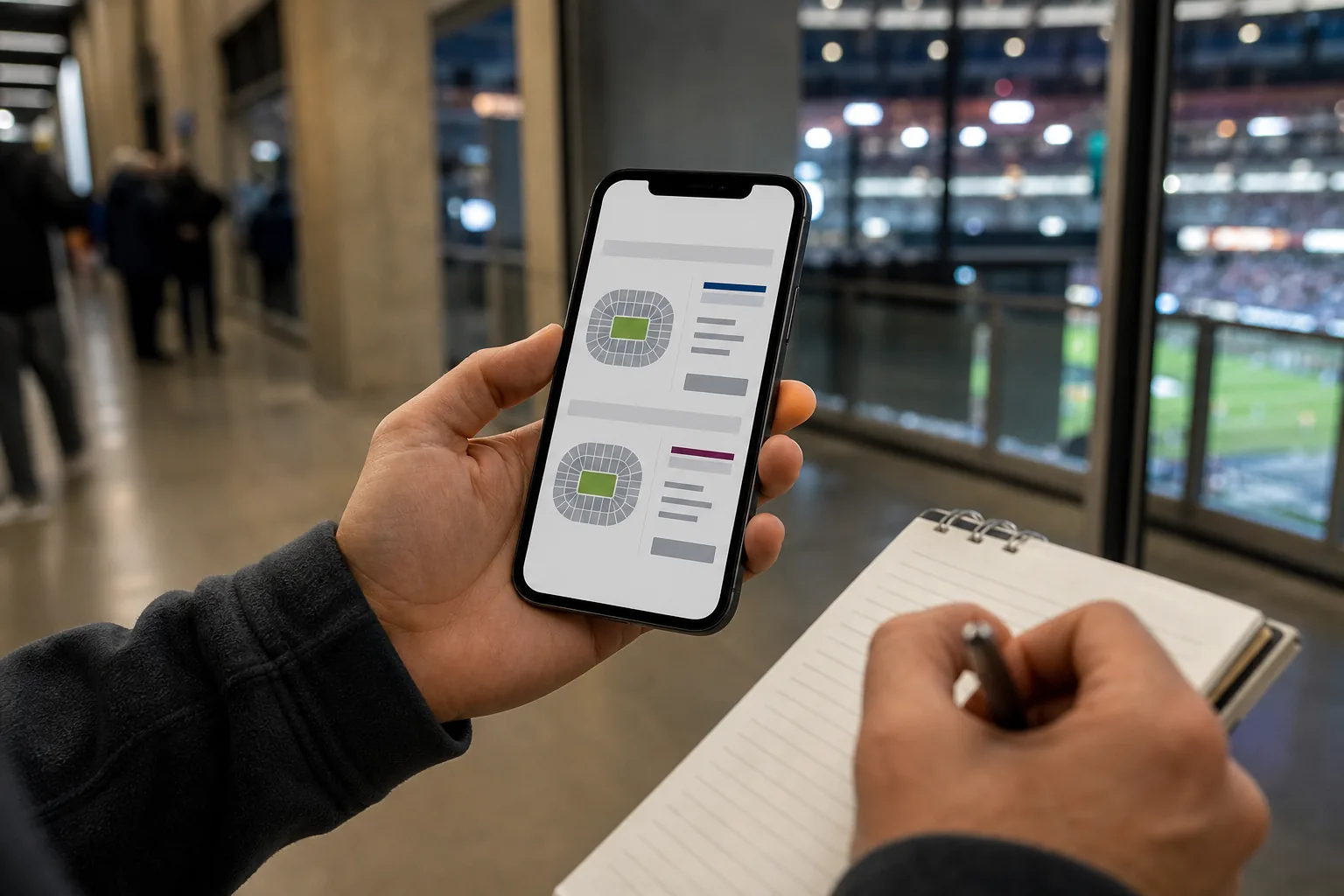 Fan comparing unbranded mobile ticket totals near a football stadium