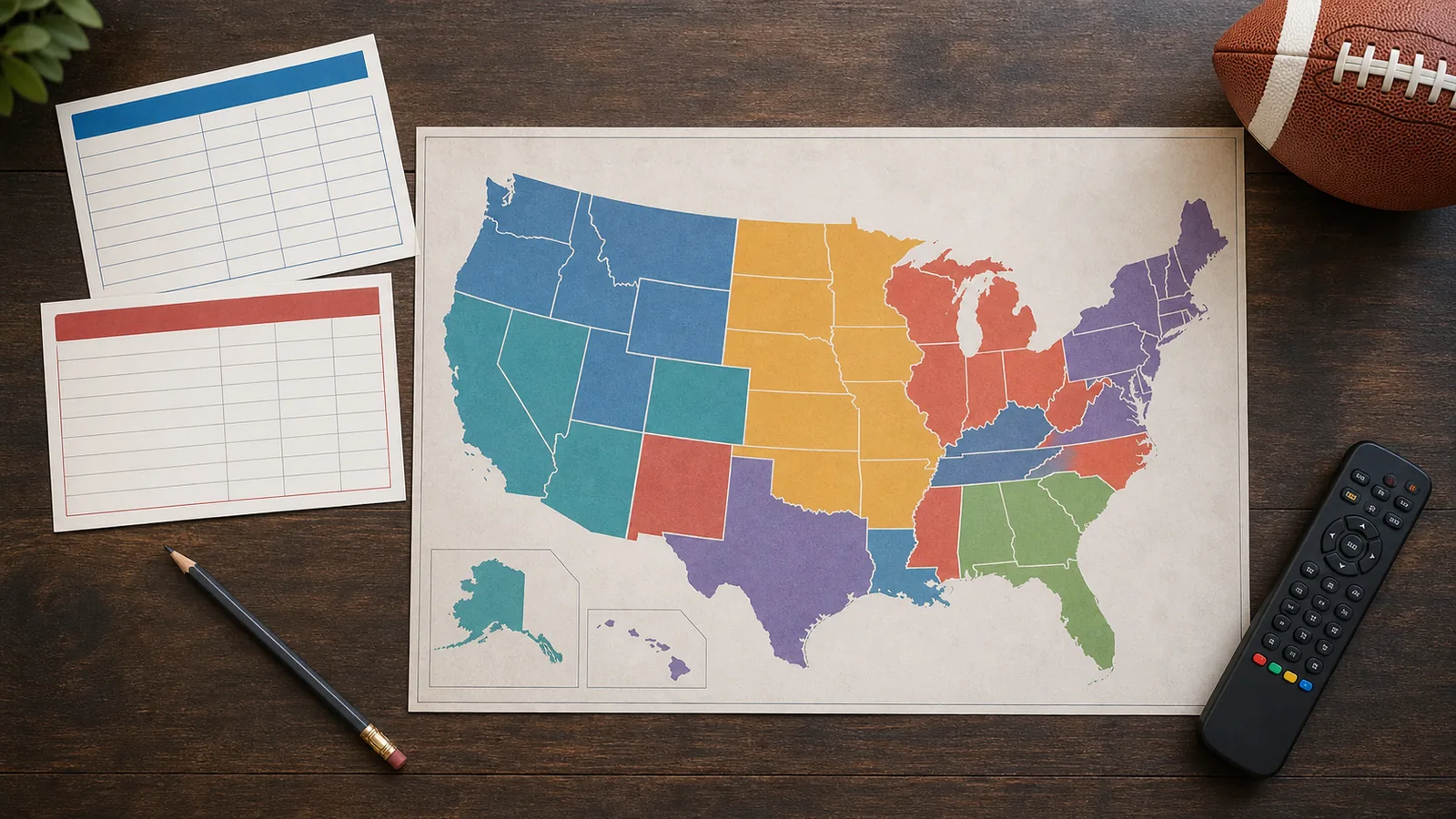 Color-coded regional television map beside a remote and Sunday timing notes