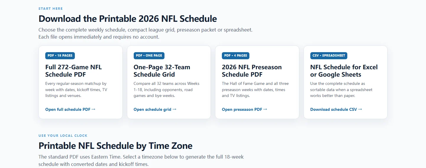 NFL-Schedule.com download options for the full 2026 schedule, one-page grid, preseason PDF and CSV