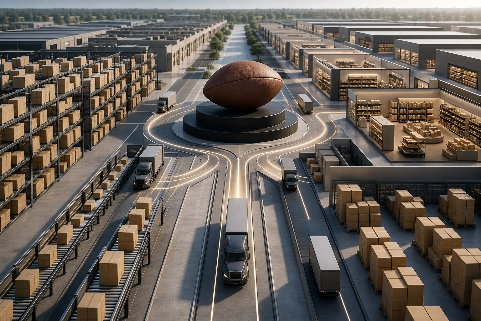 Unbranded football beside abstract retail and logistics structures representing diversified wealth