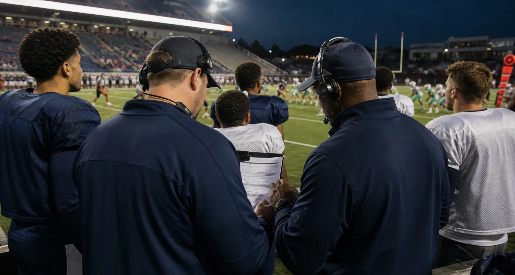Generic rookie football players and coaches evaluating a preseason roster battle on the sideline